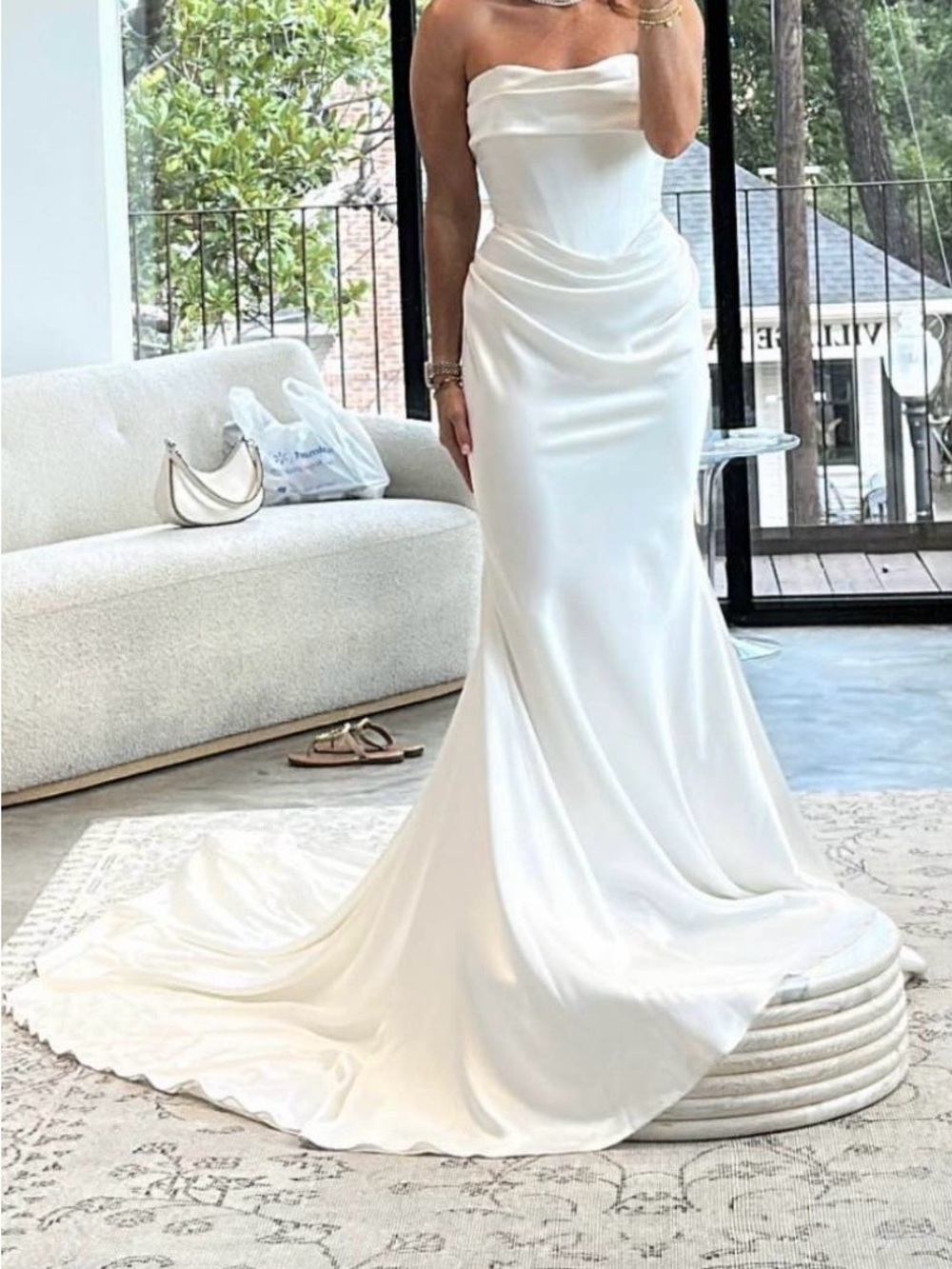 Strapless Satin White Evening Gown